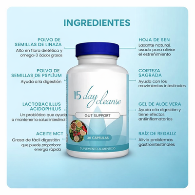 Suplemento Limpieza de 15 Días para Intestino y Colon sin cafeína con sen, cáscara sagrada y psyllium 30 cápsulas