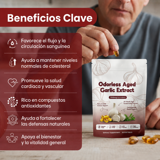 Suplemento de Ajo Envejecido Sin Olor · 7500mg (30 Cápsulas Blandas)